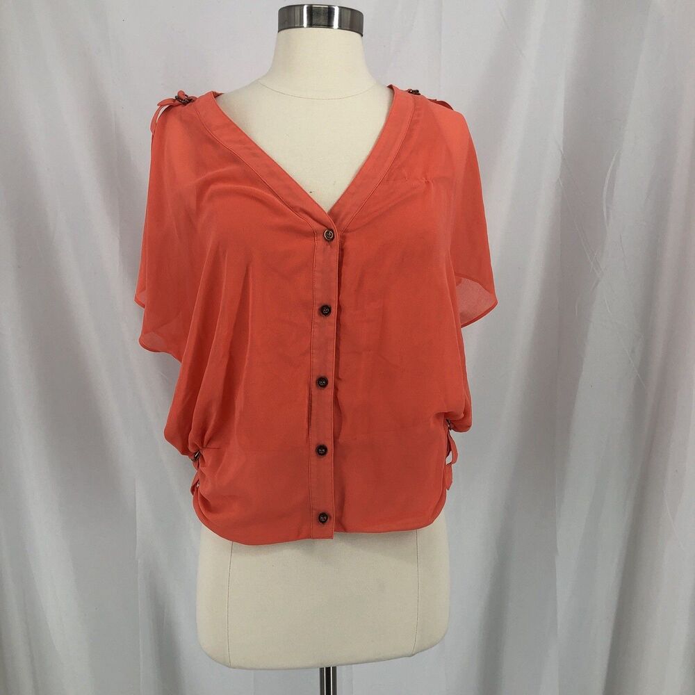 Bebe Blouse Coral Short Sleeve V Neck Button Medium